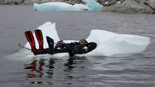 Diver lazing on iceberg Antarctica