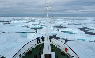 Expedition cruise ship in Pack Ice of Svalbard Spitsbergen Hinlopen Straits - Bjoern Koth