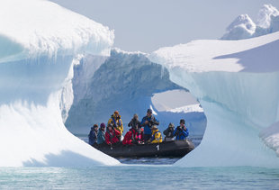 Zodiac Cruising around beautiful icebergs in Antarctica