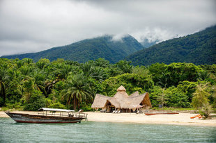 Waterside Lodge at Lake Tanganyika with Mahale Mountains behind