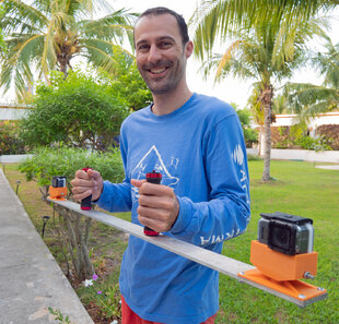 Research Host, Dr Chris Rohner, with 3-D Whale Shark measuring equipment