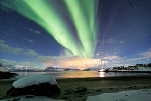 Northern Lights above our Classic Tallship in Northern Norway