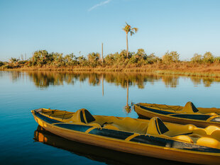 Kayaks floating, ready for excursions at the lagoon
