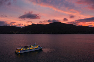 M/Y Pegasos anchored off an island in the Seychelles