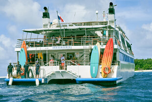 M/Y Pegasos' aft deck with paddleboards and kayaks stowed