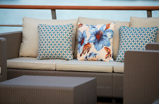 One of the cushioned sofas on the sun deck of the M/Y Pegasos
