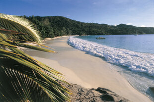 The view up Anse Lazio beach on Praslin Island